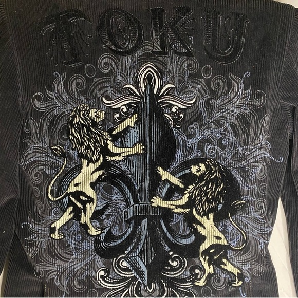 Toku Black Corduroy Hooded Jacket Coat Satin Dragon Liner Painted Lions Mens S - Picture 4 of 12